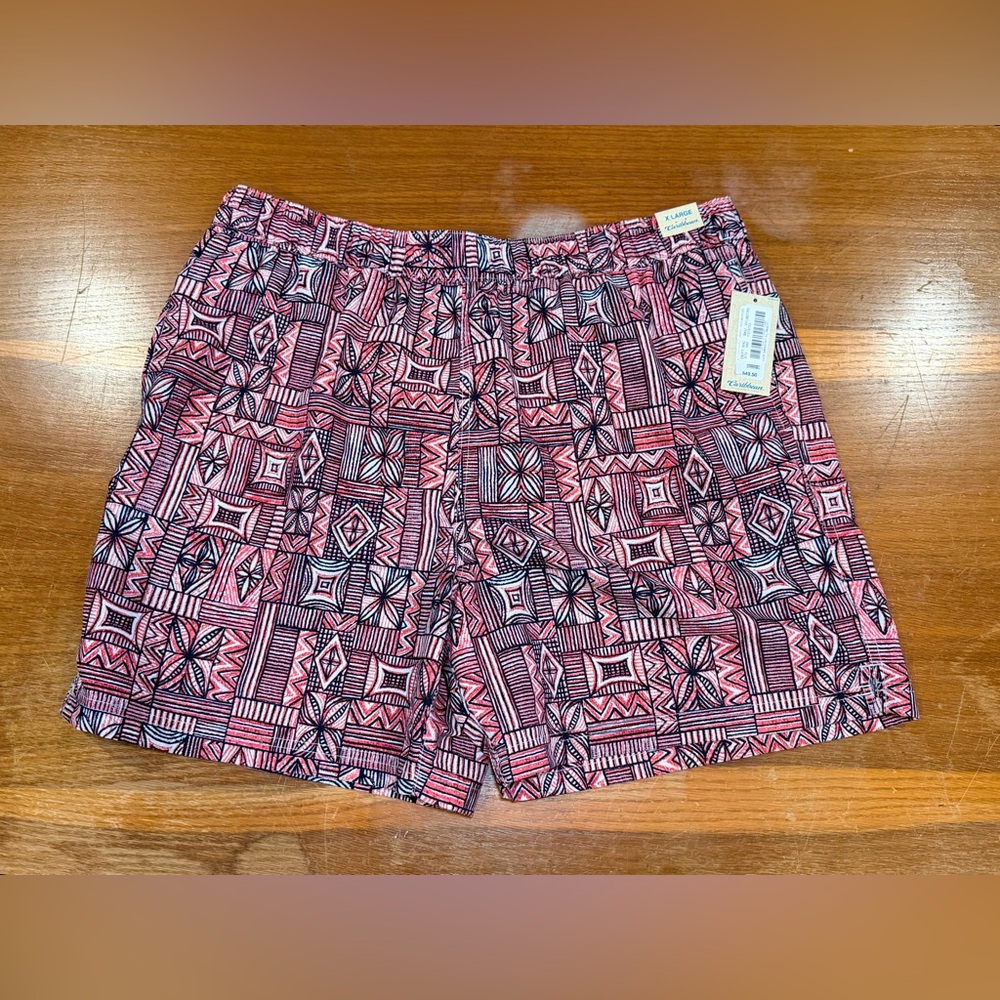 Caribbean Men's Athletic Beach Swim Shorts - Pink Blue Black Geometric design